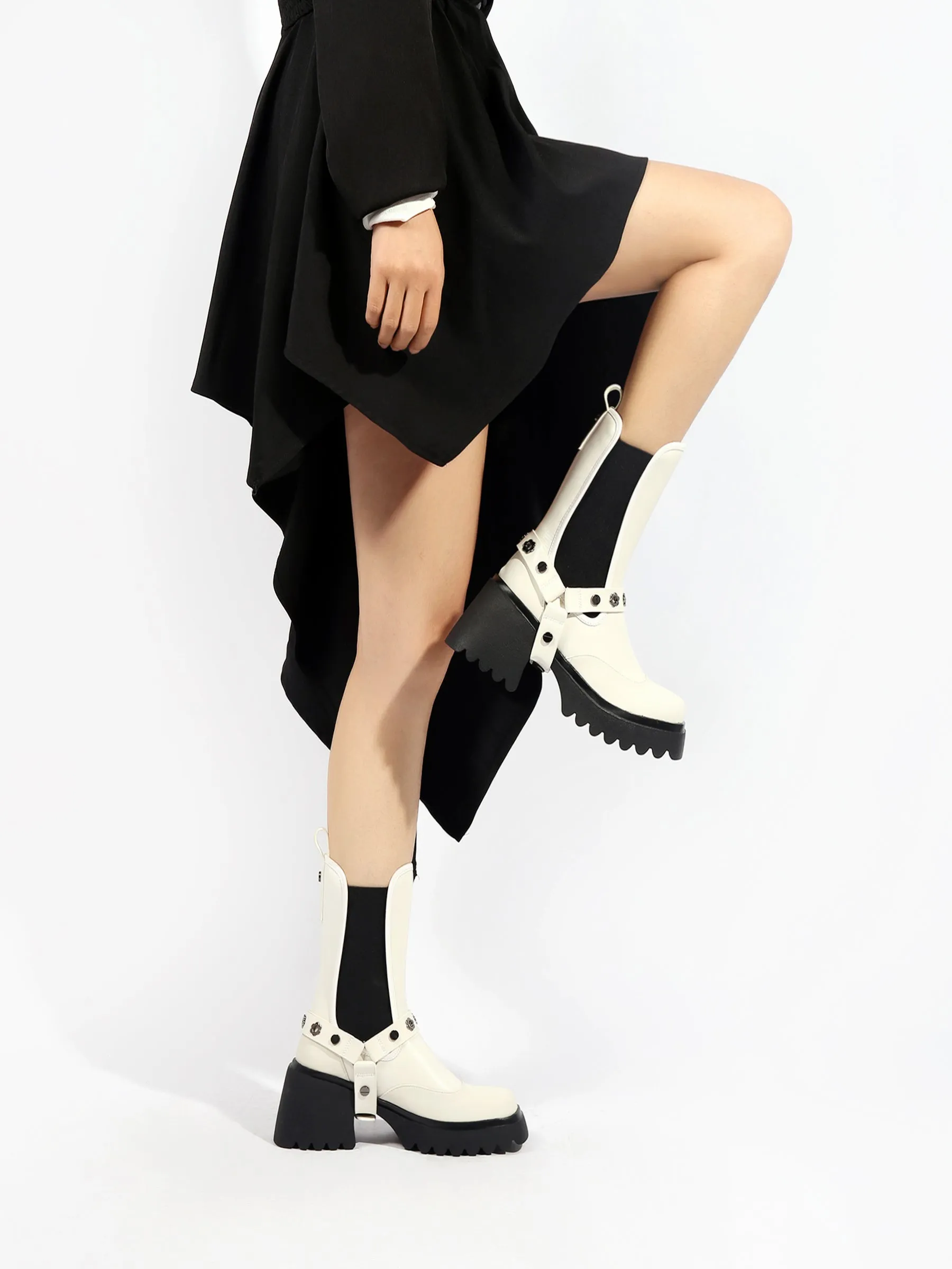 Strap Rivet Leather Chelsea Boot - Ivory