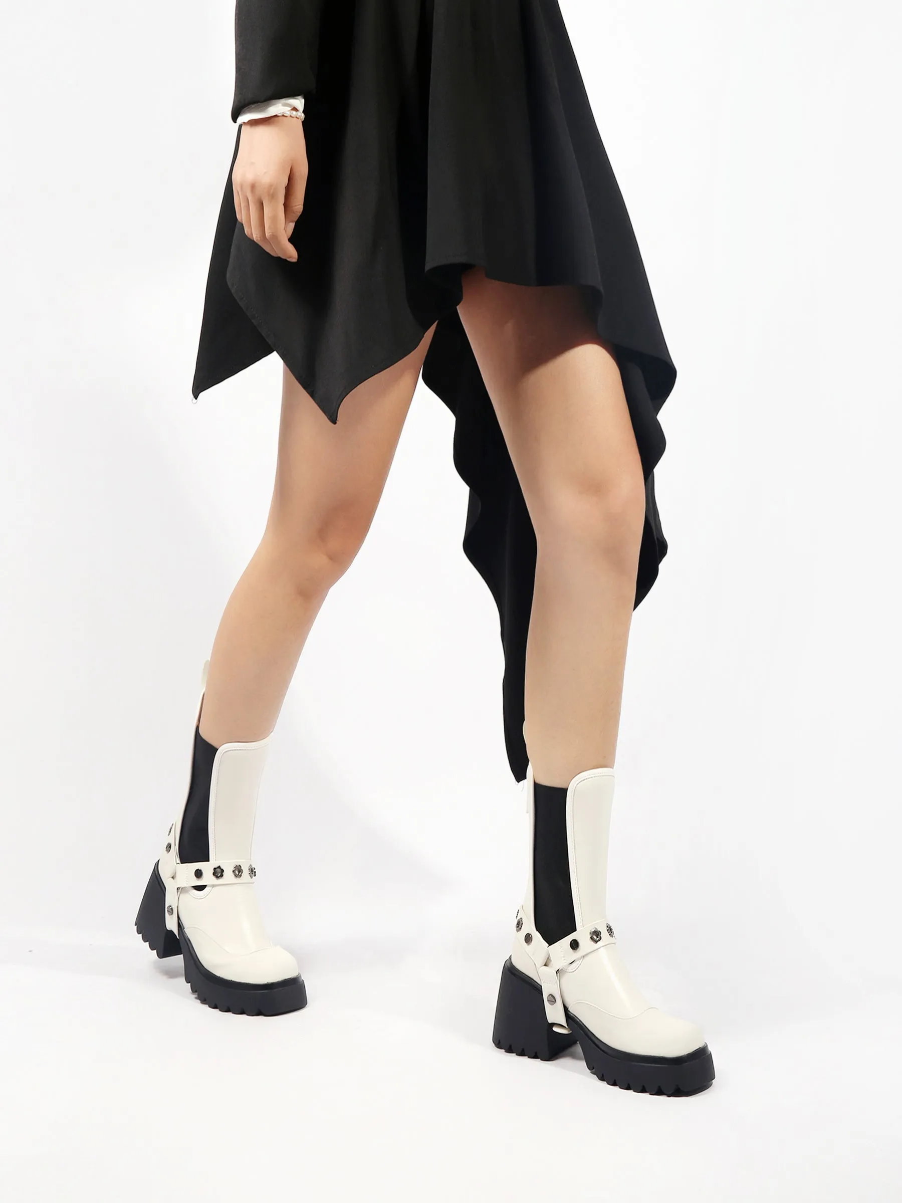 Strap Rivet Leather Chelsea Boot - Ivory