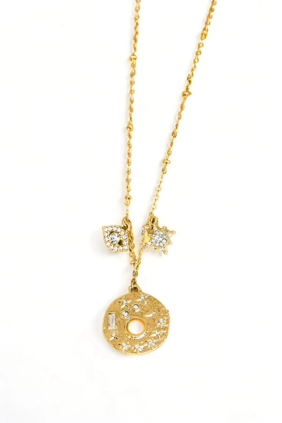 Stunning Gold Moon Star Evil Eye Rhinestone Pendant Necklace