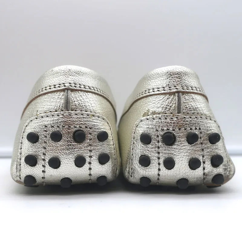 Tod's Gommino Penny Loafers Silver Metallic Leather Size 38.5 Flat Driving Shoes