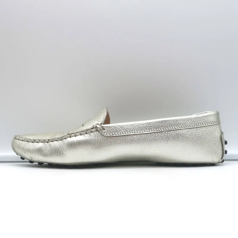 Tod's Gommino Penny Loafers Silver Metallic Leather Size 38.5 Flat Driving Shoes