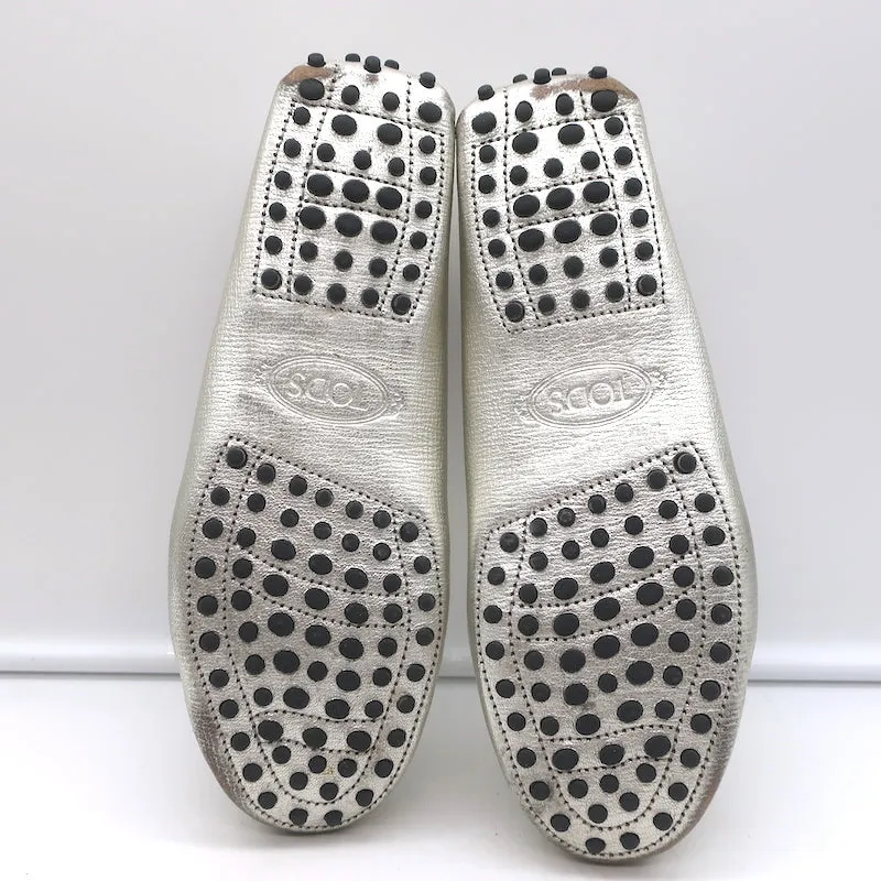 Tod's Gommino Penny Loafers Silver Metallic Leather Size 38.5 Flat Driving Shoes