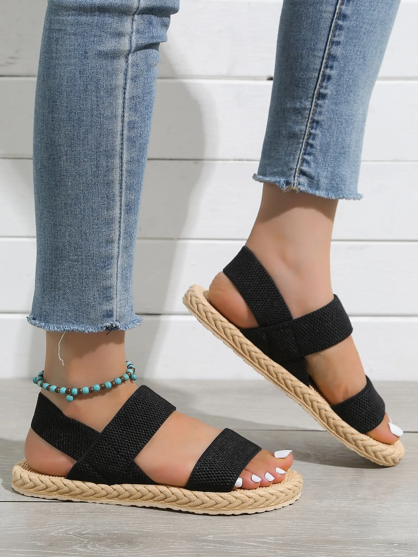 Vacation Black Slingback Sandals For Women, Minimalist Fabric Sandals