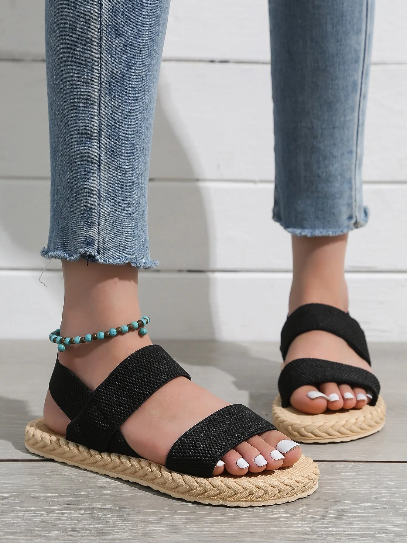 Vacation Black Slingback Sandals For Women, Minimalist Fabric Sandals