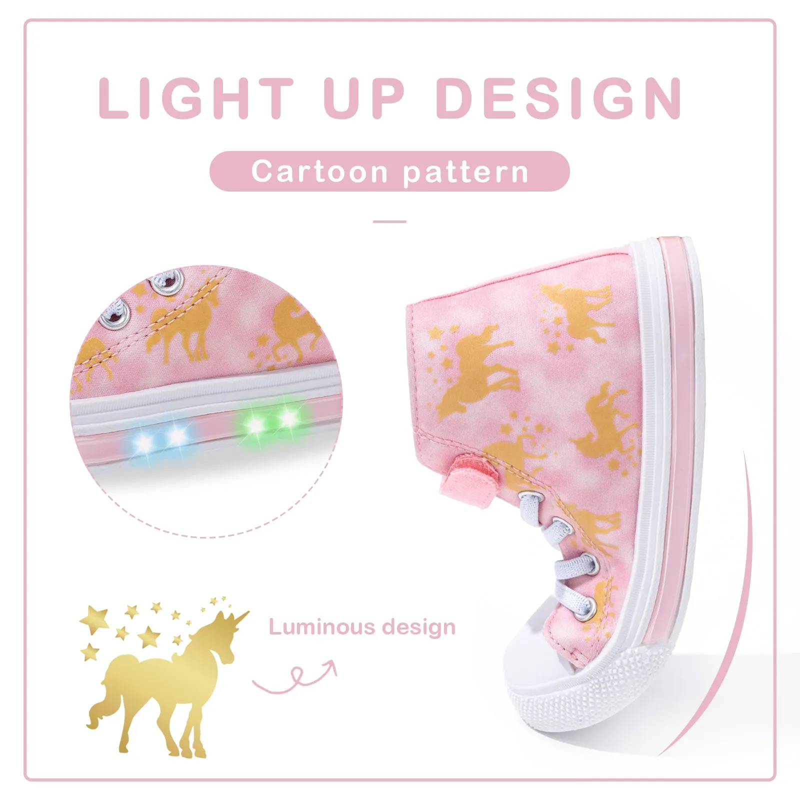 Velcro Glod Unicorn Light Up High Top Girls Sneakers