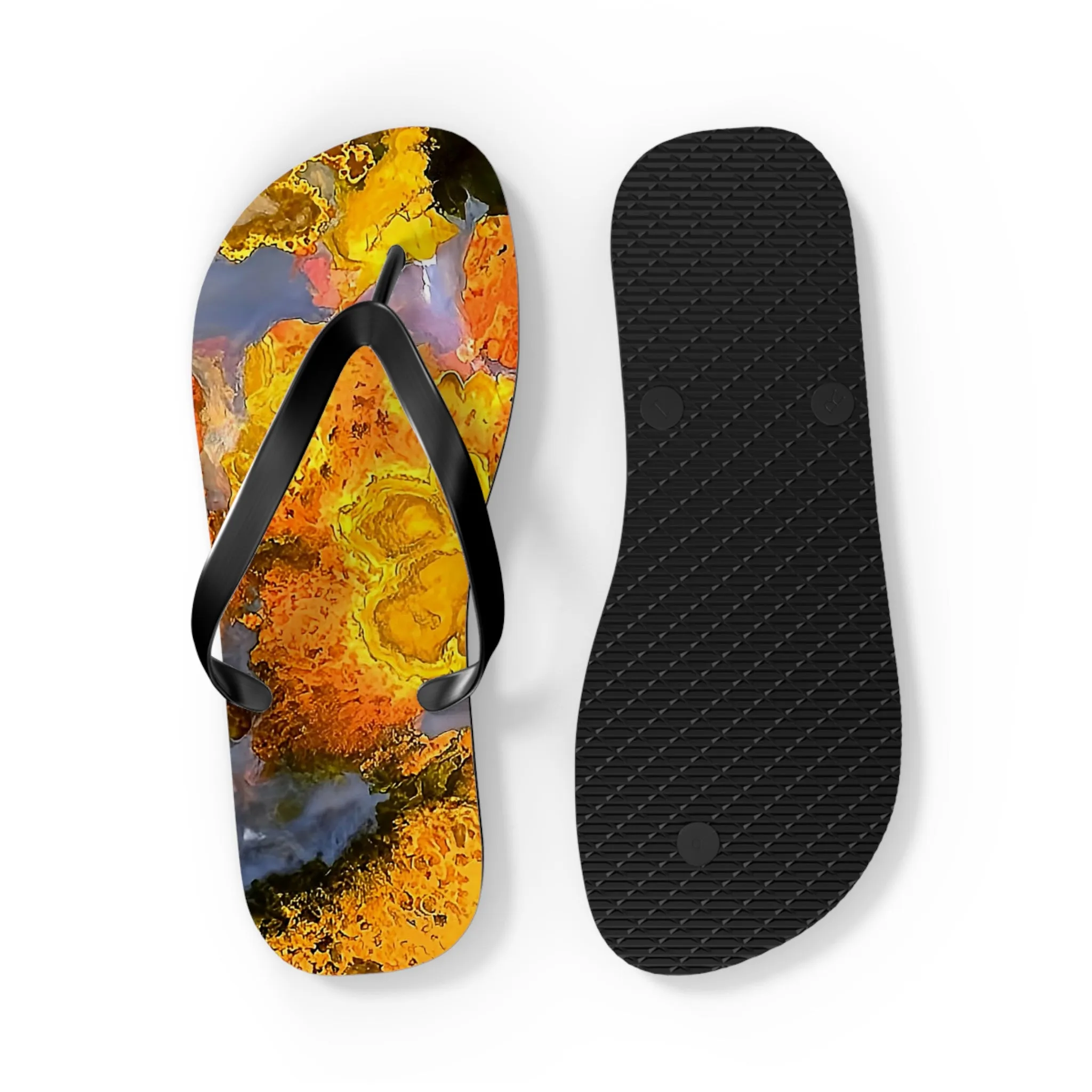 Vibrant Unisex Beachwear Flip Flops With Tie-dye Like Polished Stromatolite Agate Patterns