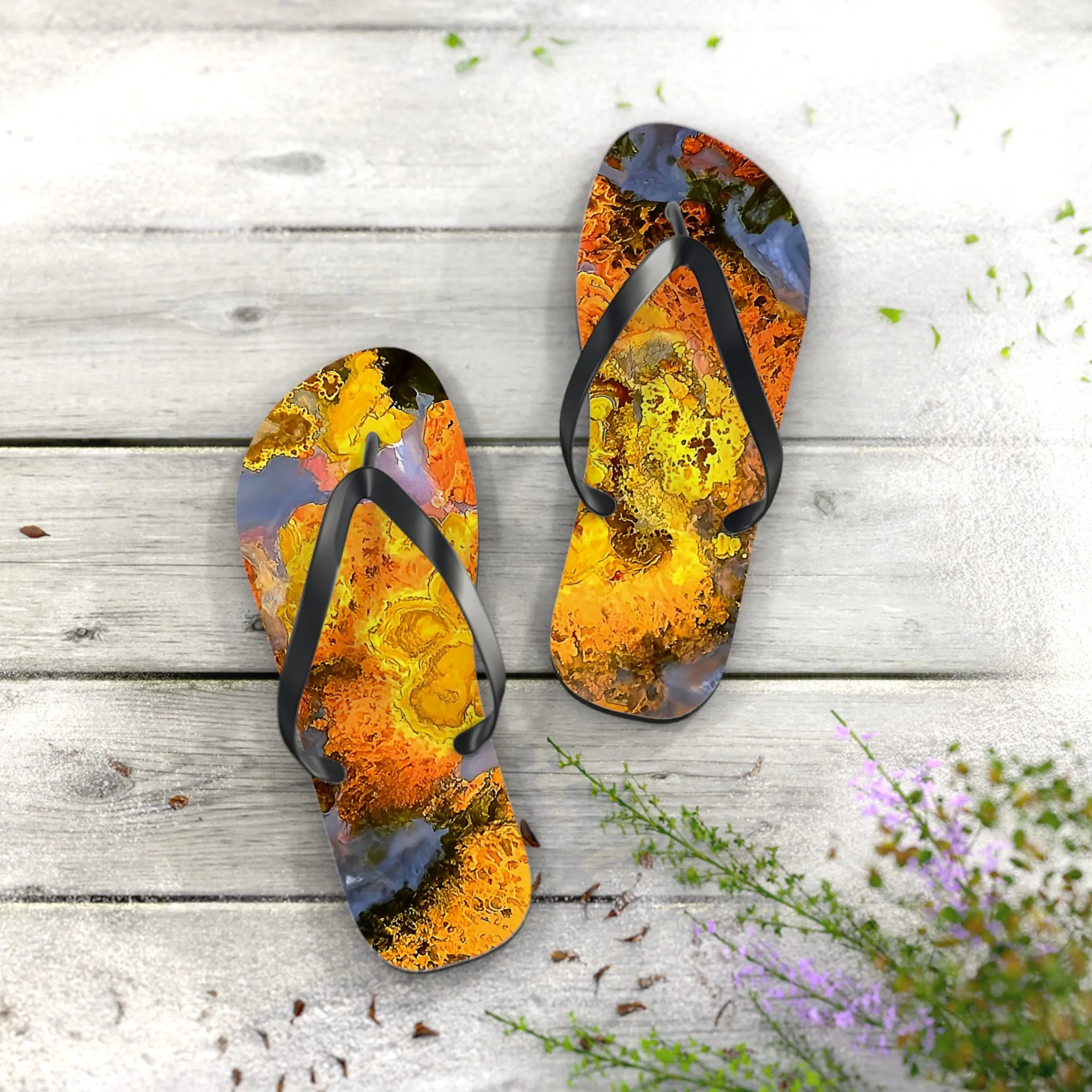 Vibrant Unisex Beachwear Flip Flops With Tie-dye Like Polished Stromatolite Agate Patterns