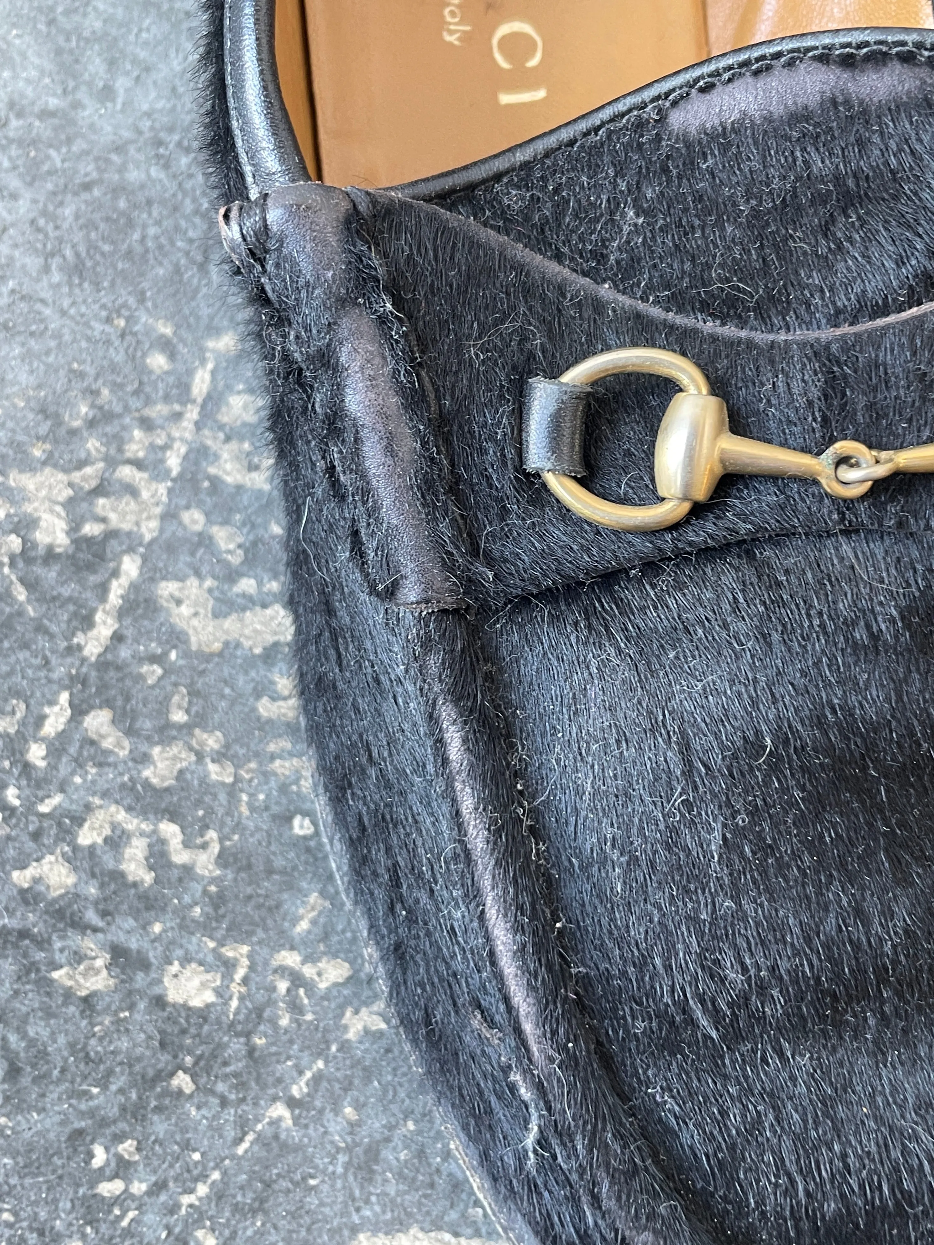 Vintage Gucci Black Pony Hair Loafers