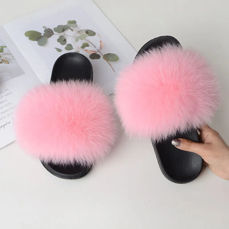 Warm Fox Fur Slippers For Women Slides Flip Flop