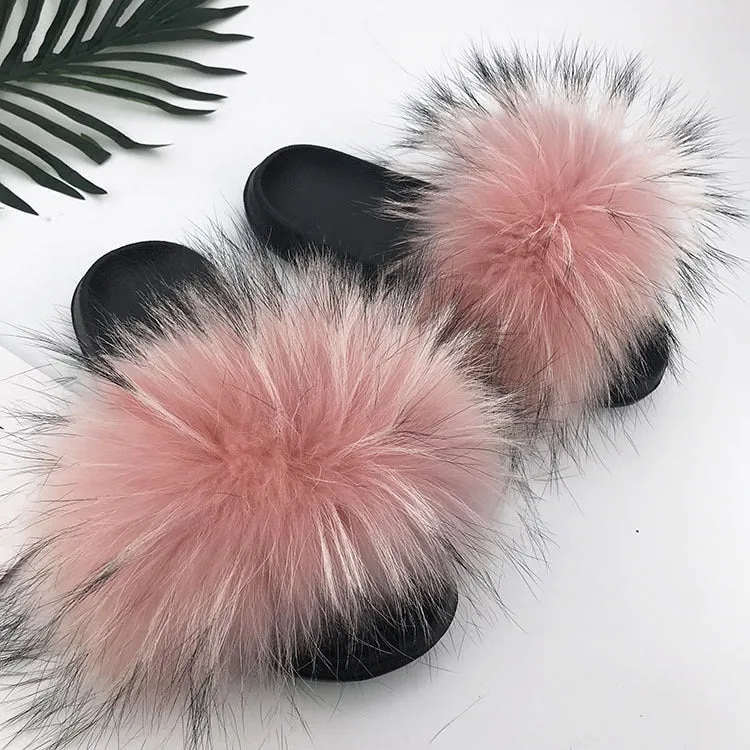 Warm Fox Fur Slippers For Women Slides Flip Flop