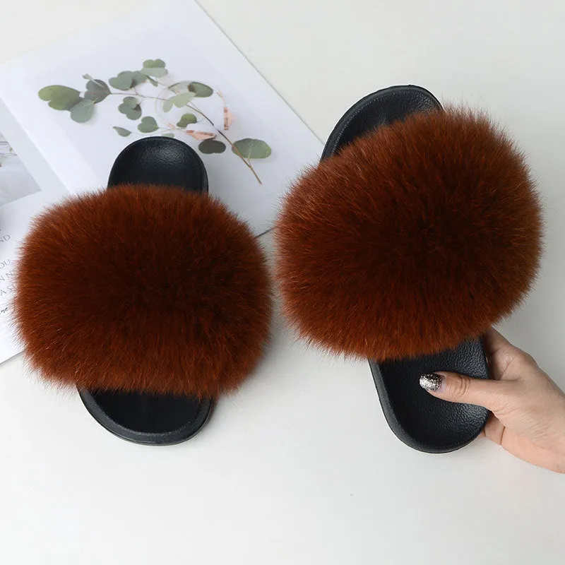 Warm Fox Fur Slippers For Women Slides Flip Flop