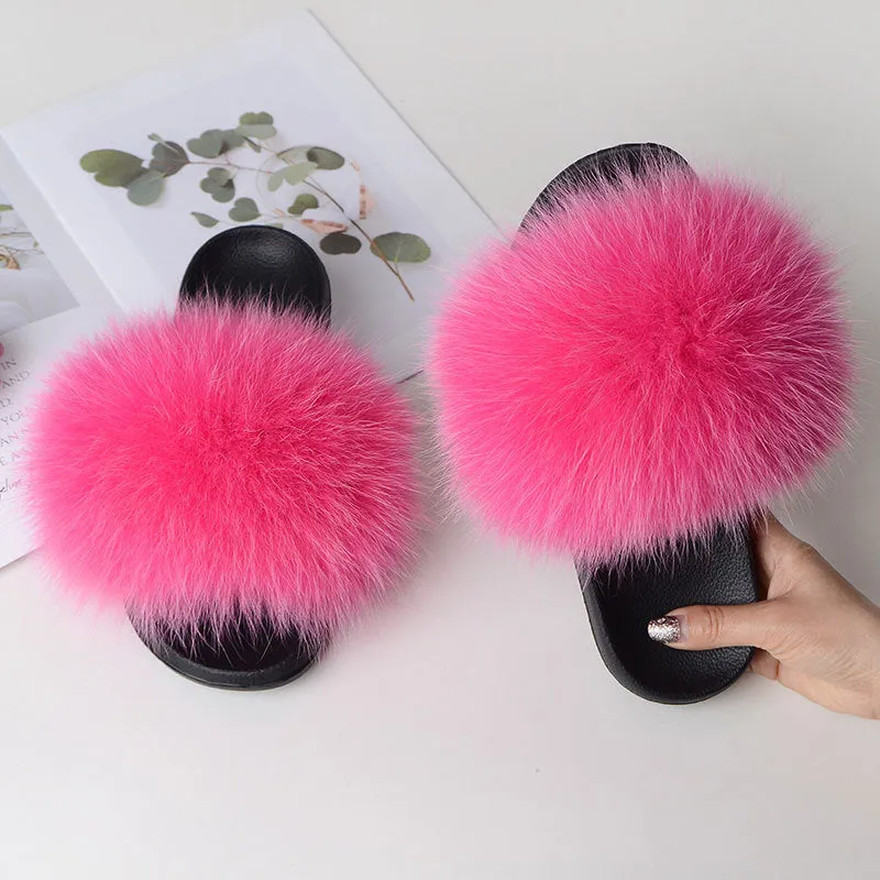 Warm Fox Fur Slippers For Women Slides Flip Flop