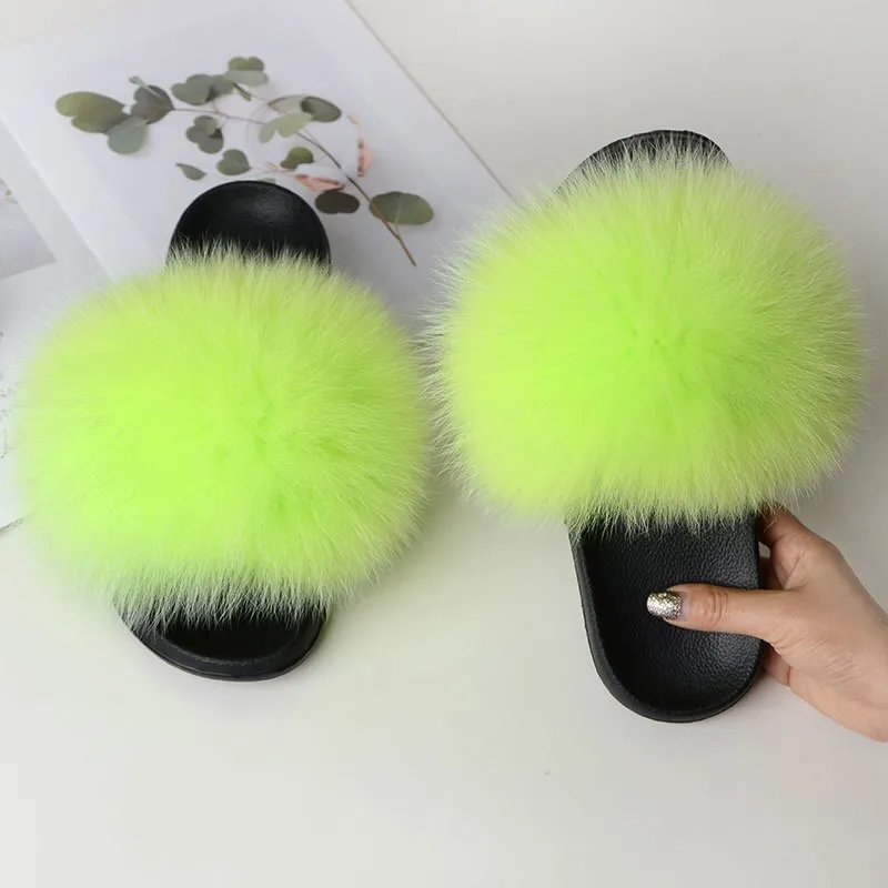 Warm Fox Fur Slippers For Women Slides Flip Flop