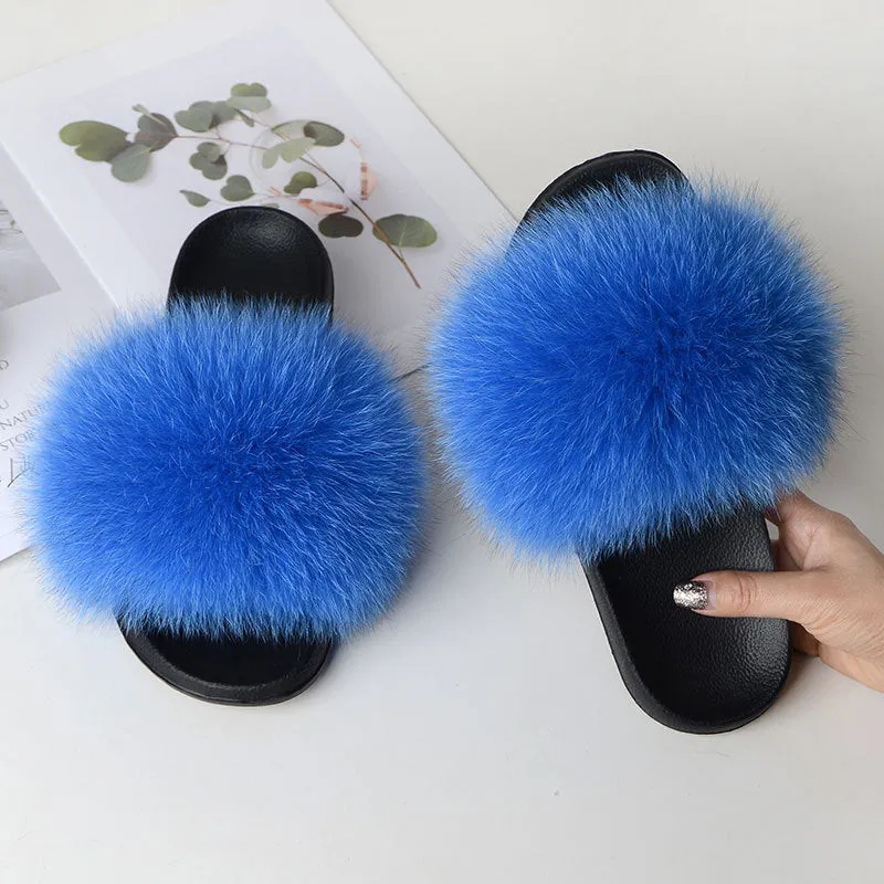 Warm Fox Fur Slippers For Women Slides Flip Flop