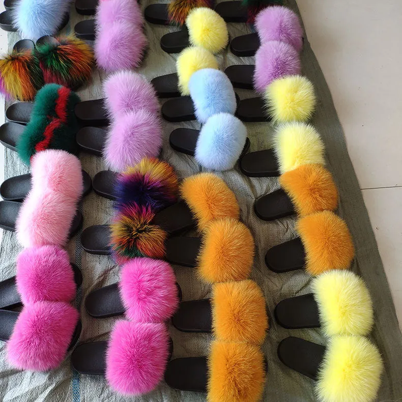 Warm Fox Fur Slippers For Women Slides Flip Flop