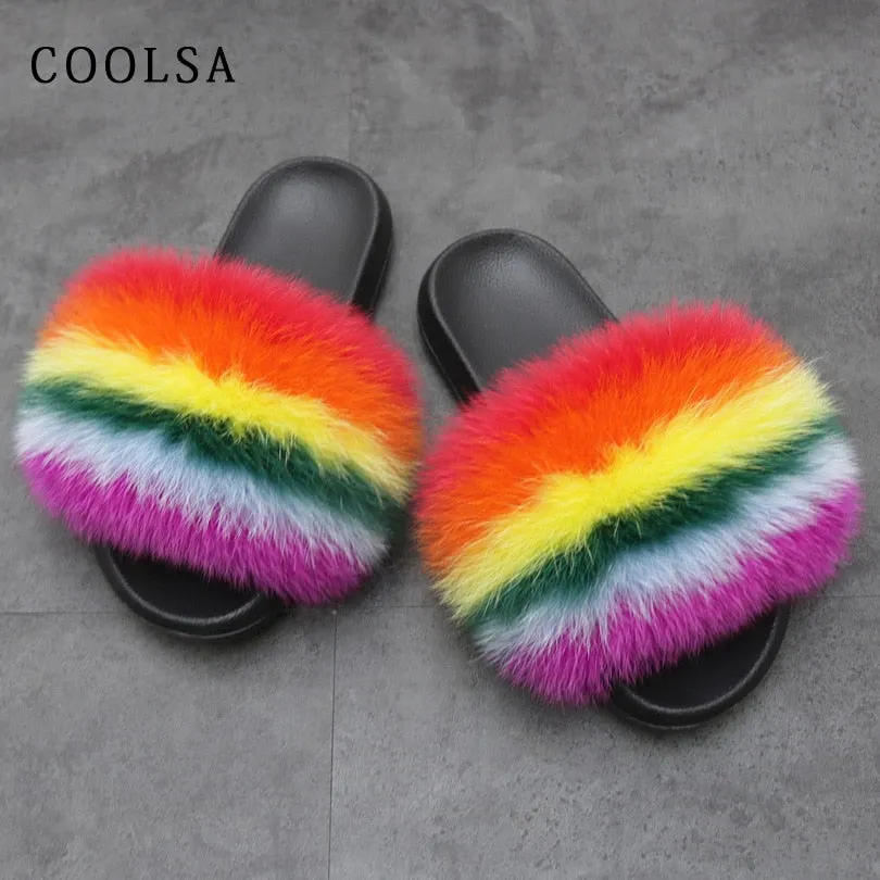 Warm Fox Fur Slippers For Women Slides Flip Flop