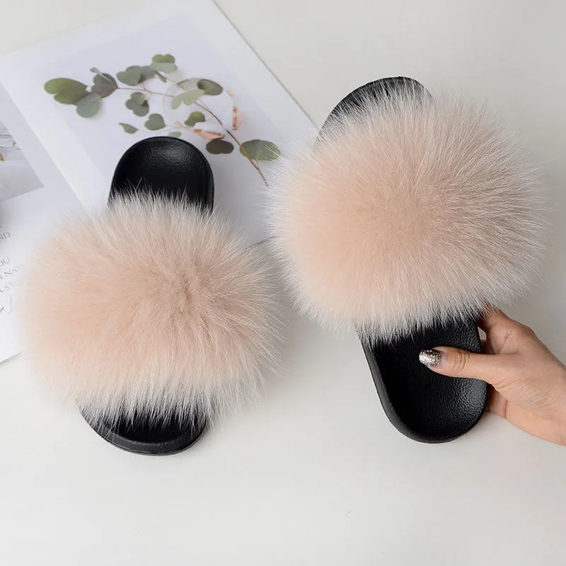 Warm Fox Fur Slippers For Women Slides Flip Flop