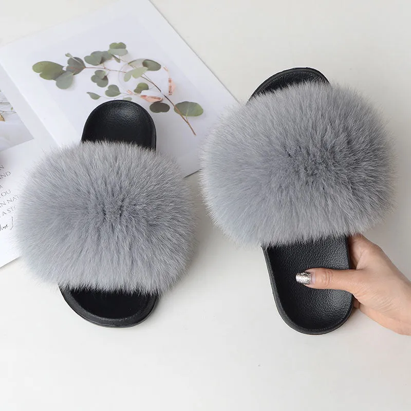 Warm Fox Fur Slippers For Women Slides Flip Flop