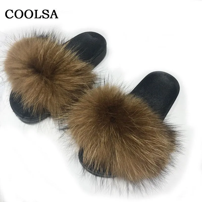 Warm Fox Fur Slippers For Women Slides Flip Flop