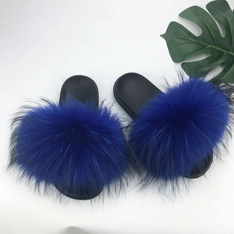 Warm Fox Fur Slippers For Women Slides Flip Flop