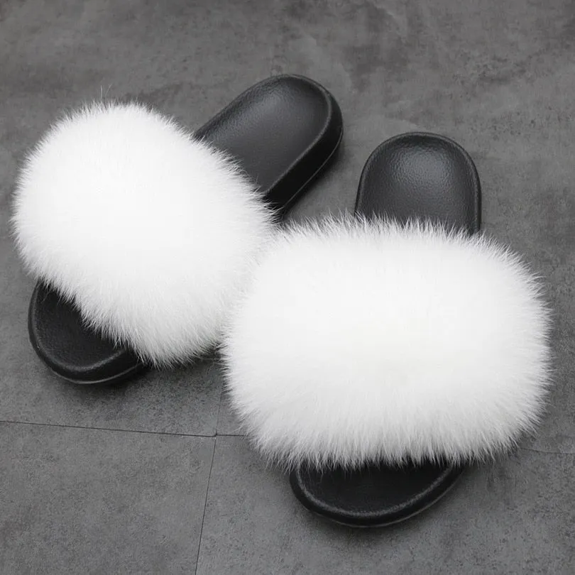 Warm Fox Fur Slippers For Women Slides Flip Flop