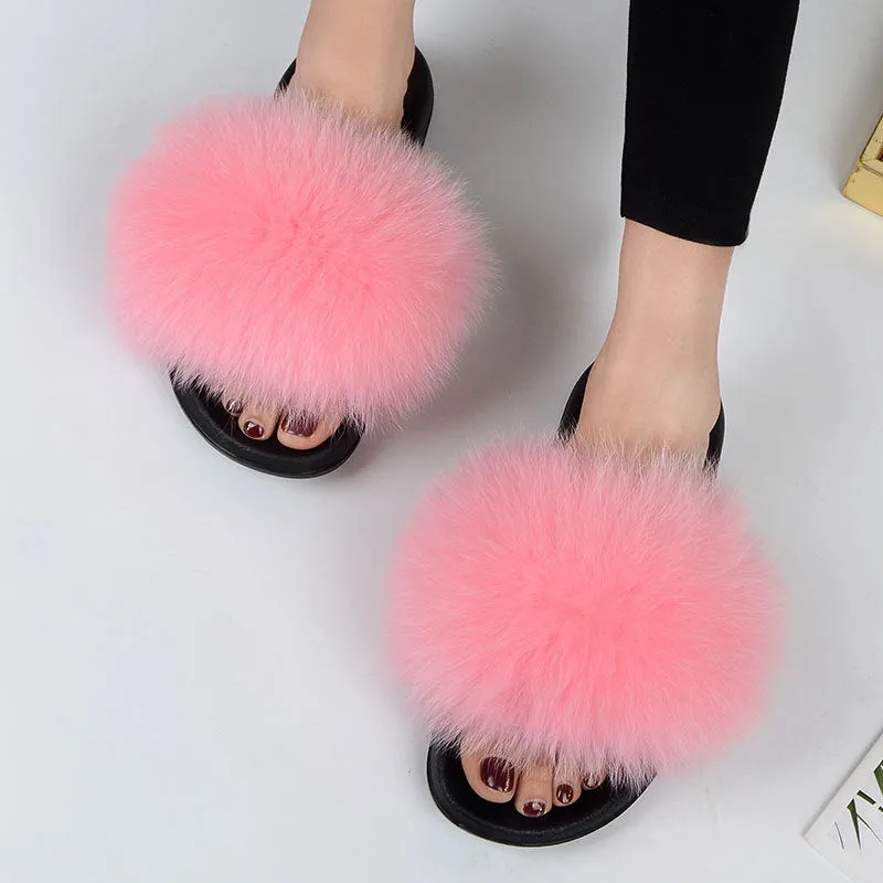 Warm Fox Fur Slippers For Women Slides Flip Flop