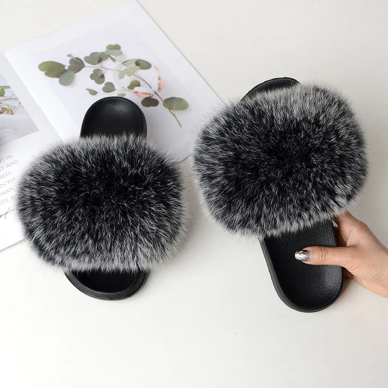 Warm Fox Fur Slippers For Women Slides Flip Flop