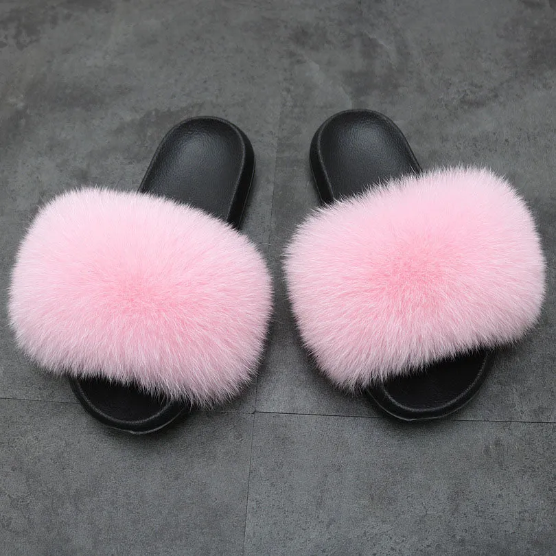 Warm Fox Fur Slippers For Women Slides Flip Flop