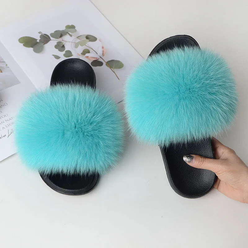 Warm Fox Fur Slippers For Women Slides Flip Flop