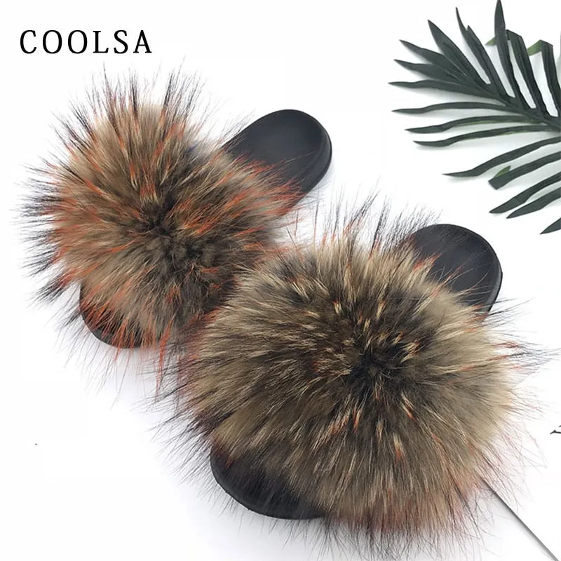 Warm Fox Fur Slippers For Women Slides Flip Flop
