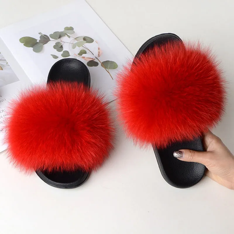 Warm Fox Fur Slippers For Women Slides Flip Flop