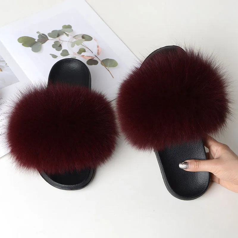 Warm Fox Fur Slippers For Women Slides Flip Flop