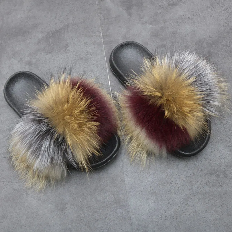 Warm Fox Fur Slippers For Women Slides Flip Flop