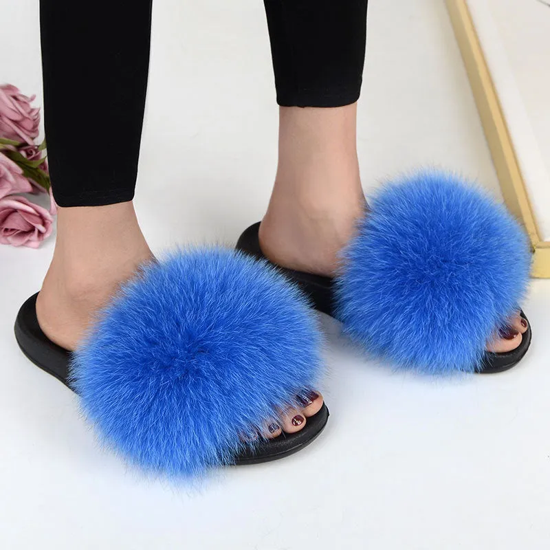 Warm Fox Fur Slippers For Women Slides Flip Flop