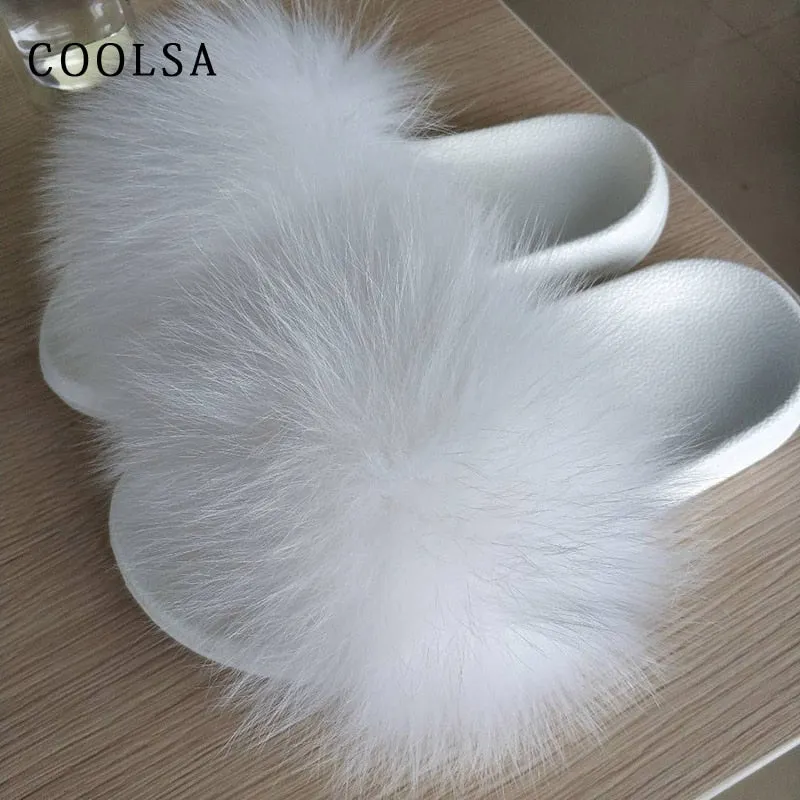Warm Fox Fur Slippers For Women Slides Flip Flop
