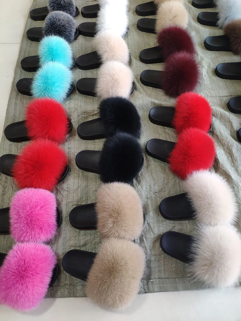 Warm Fox Fur Slippers For Women Slides Flip Flop