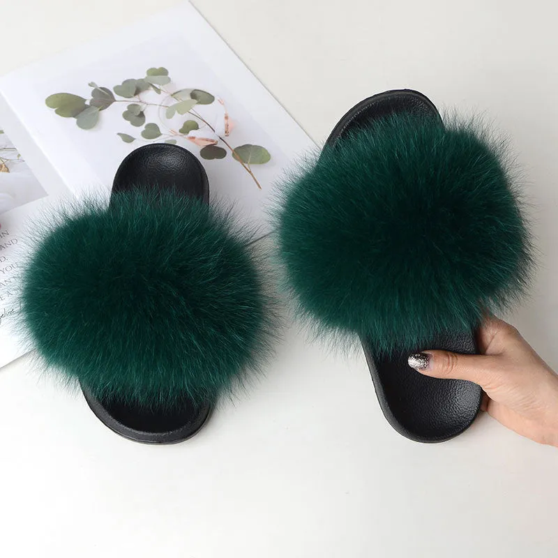 Warm Fox Fur Slippers For Women Slides Flip Flop