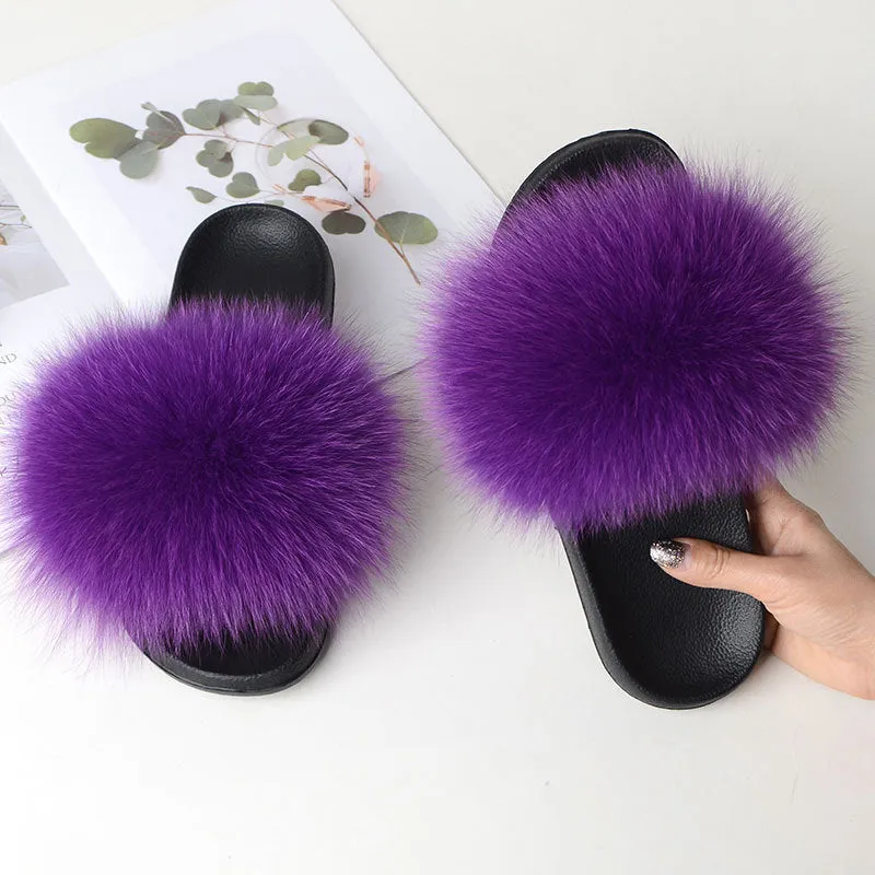 Warm Fox Fur Slippers For Women Slides Flip Flop