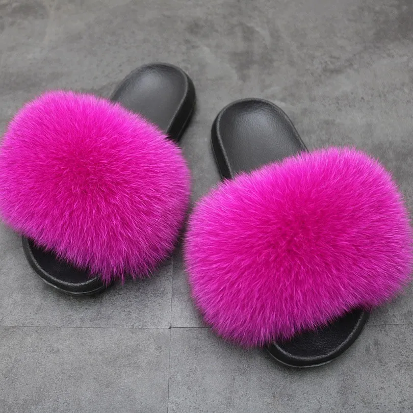 Warm Fox Fur Slippers For Women Slides Flip Flop