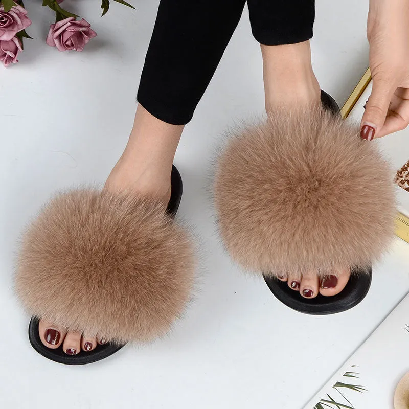 Warm Fox Fur Slippers For Women Slides Flip Flop