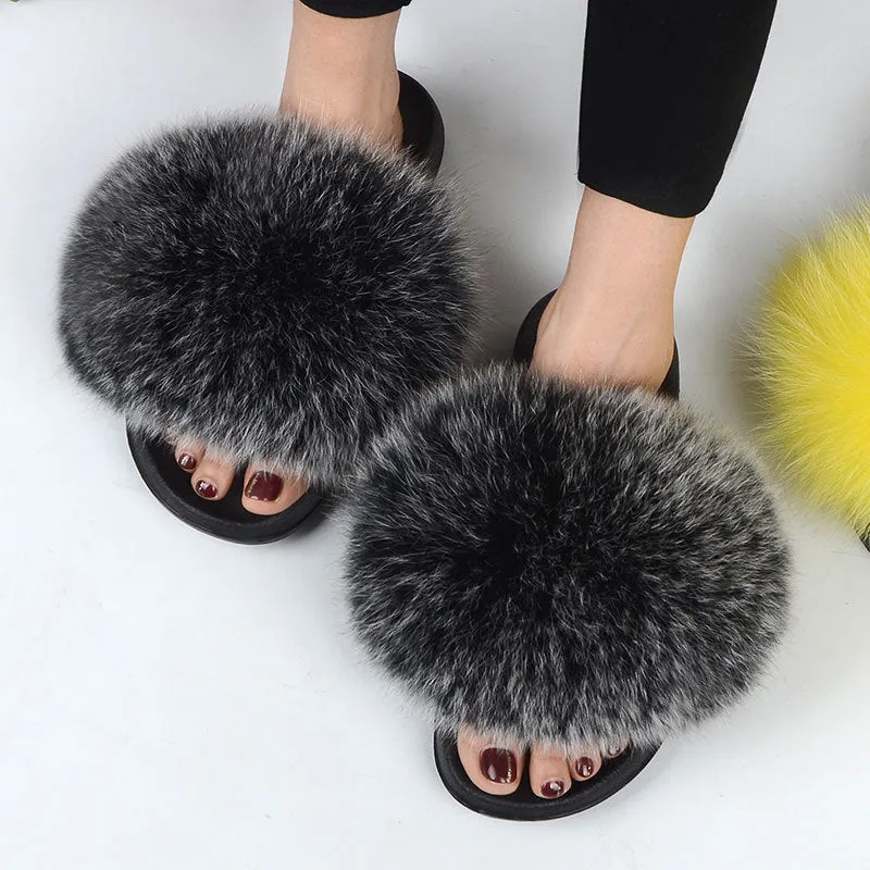 Warm Fox Fur Slippers For Women Slides Flip Flop