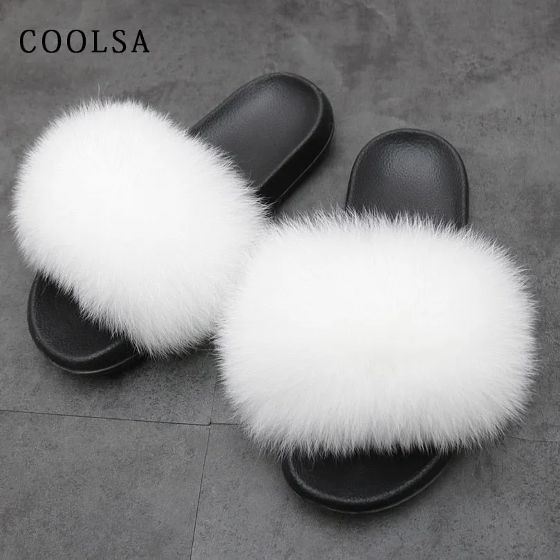 Warm Fox Fur Slippers For Women Slides Flip Flop