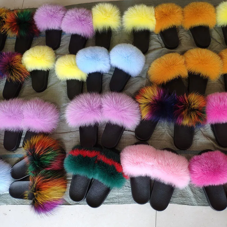 Warm Fox Fur Slippers For Women Slides Flip Flop