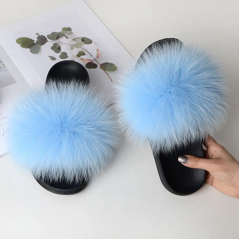 Warm Fox Fur Slippers For Women Slides Flip Flop
