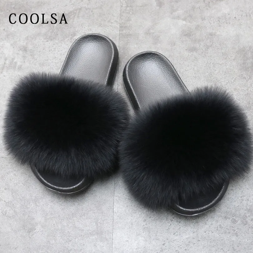 Warm Fox Fur Slippers For Women Slides Flip Flop
