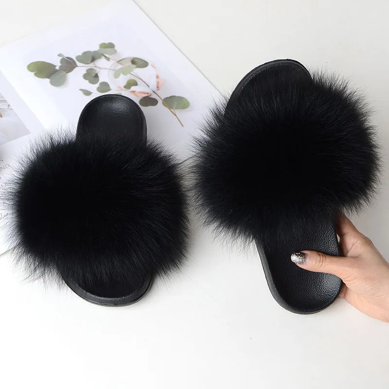 Warm Fox Fur Slippers For Women Slides Flip Flop