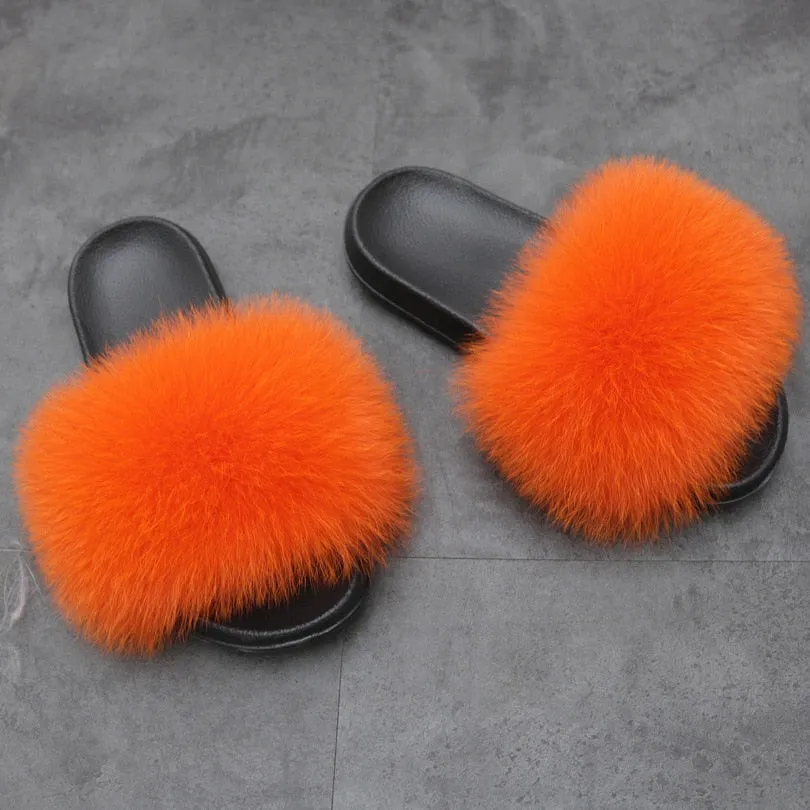 Warm Fox Fur Slippers For Women Slides Flip Flop