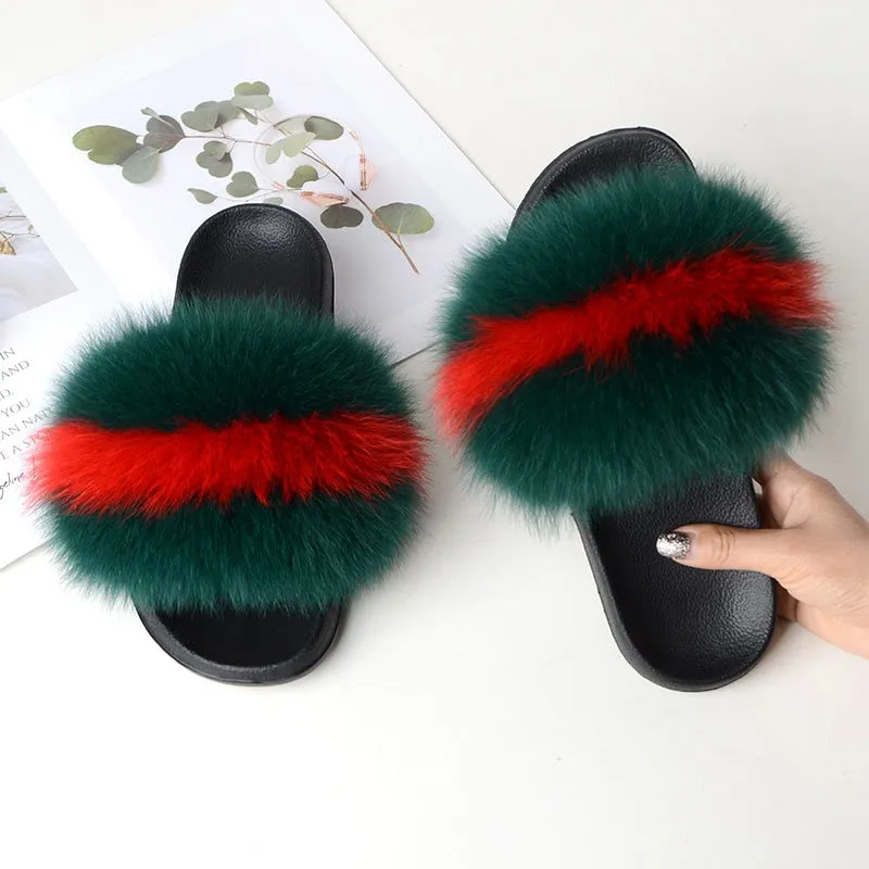 Warm Fox Fur Slippers For Women Slides Flip Flop