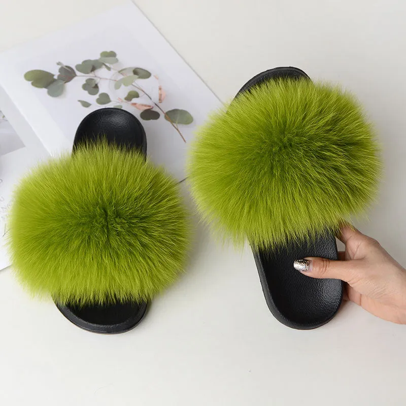 Warm Fox Fur Slippers For Women Slides Flip Flop