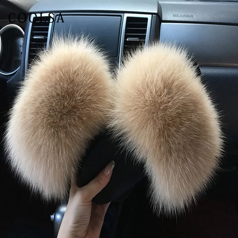 Warm Fox Fur Slippers For Women Slides Flip Flop